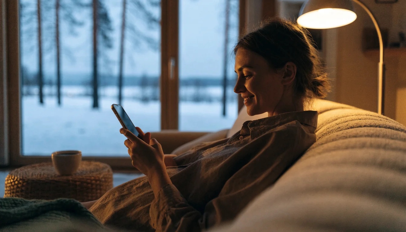 Nuori nainen nauttii kahvia sohvalla älypuhelin kädessään suomalaisessa kodissa