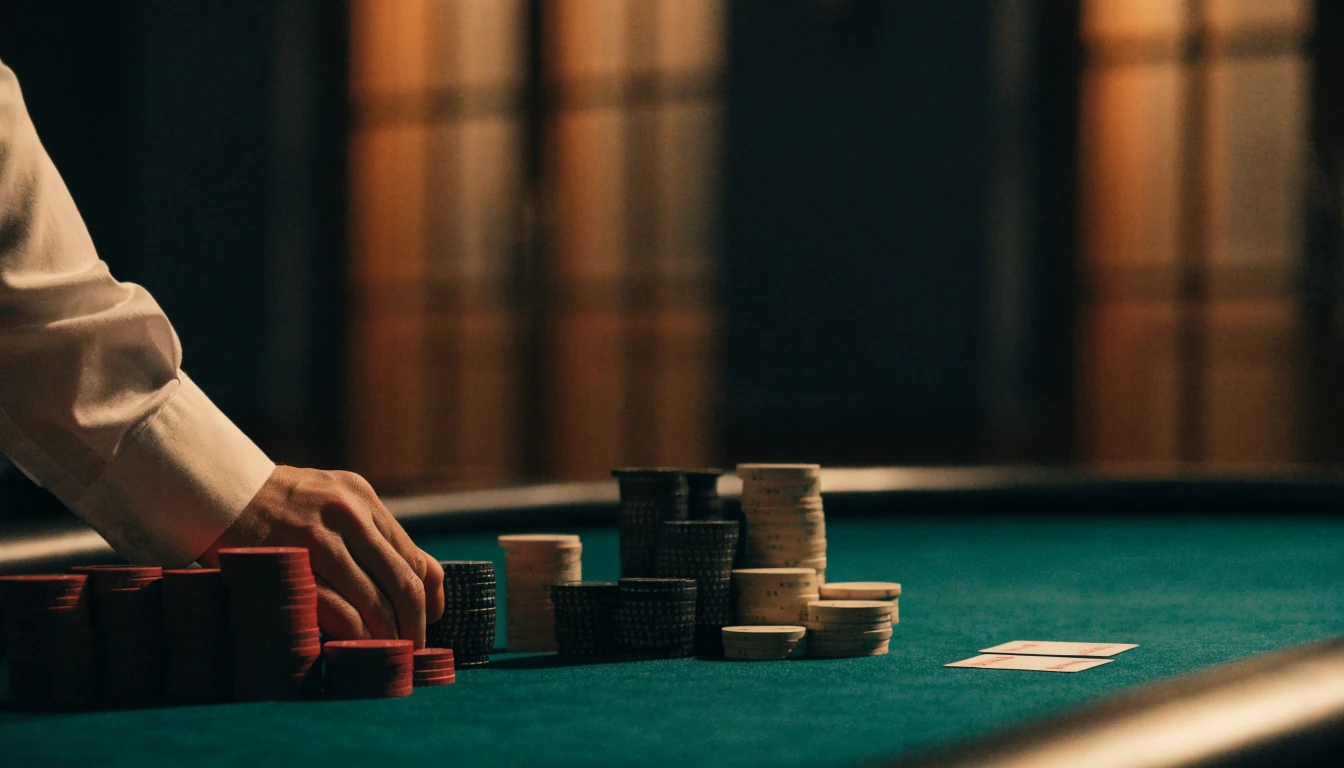 Tyylikäs baccarat-pöytä kasinolla, jakajan kädet ja pelimerkit