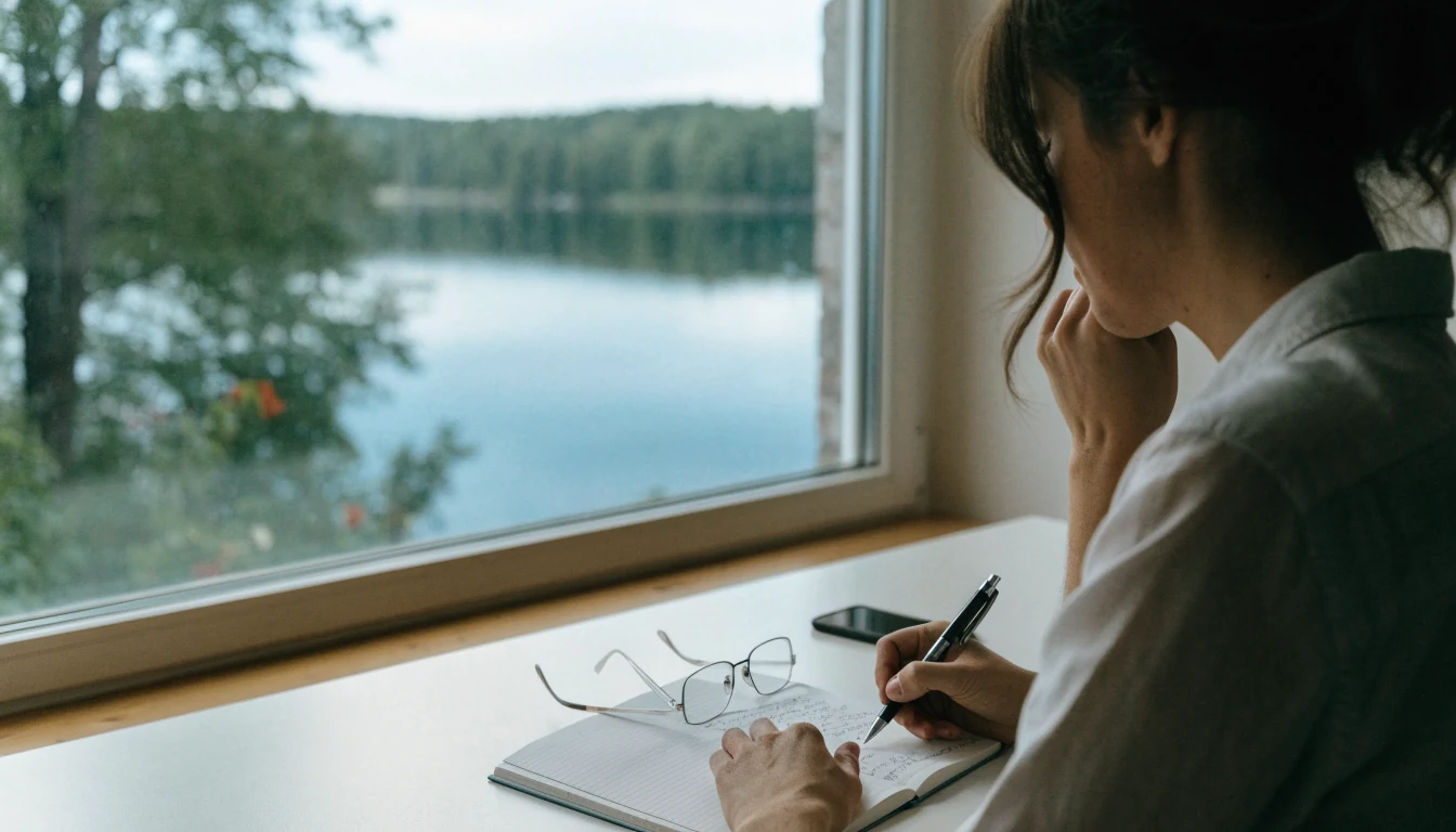Henkilö tutkii muistiinpanoja työpöydän ääressä