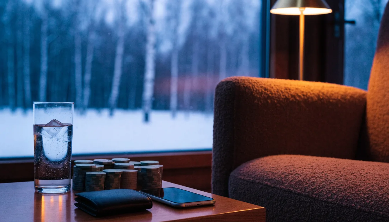 Suomalainen olohuone, kasinopinoja pöydällä, älypuhelin syrjässä