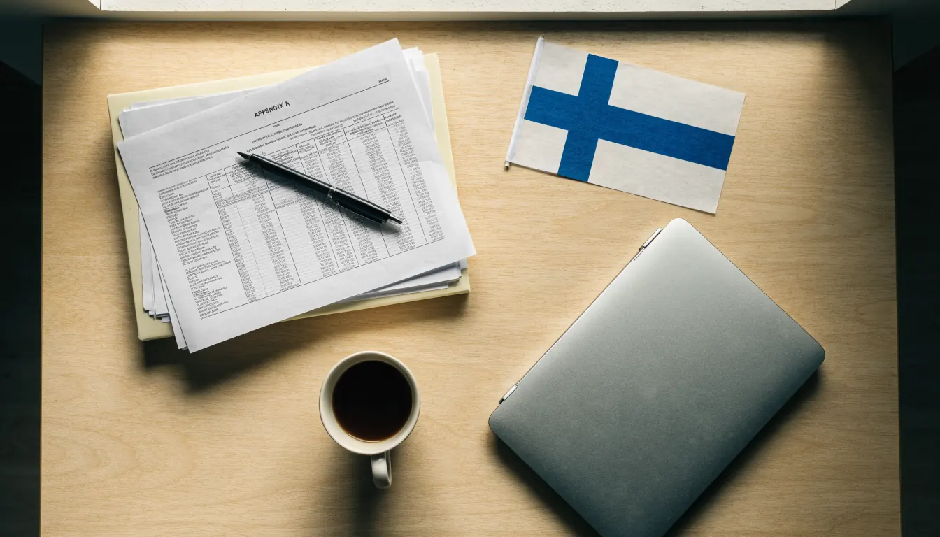 Oikeudelliset asiakirjat ja Suomen lippu työpöydällä